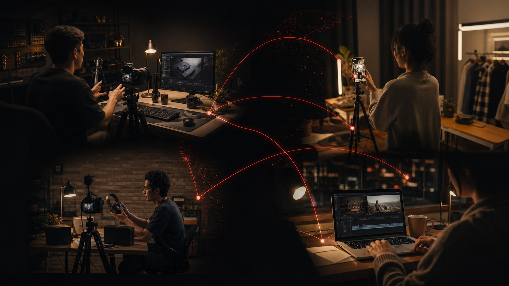 Illustrative global creator production network across technology education, short-form video, product review and editing workflows